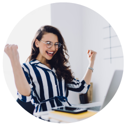 Happy woman cheering for the great promotions that Sky Bird Travel has had