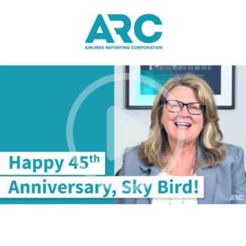 Video still from Airlines Reporting Corporation saying Happy 45th Anniversary to Sky Bird