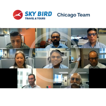 Group still of Sky Bird team in Chicago celebrating 45 years in business