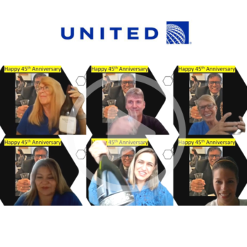 Video still of Partners at United Airlines give a toast and testimonial for 45 years in business